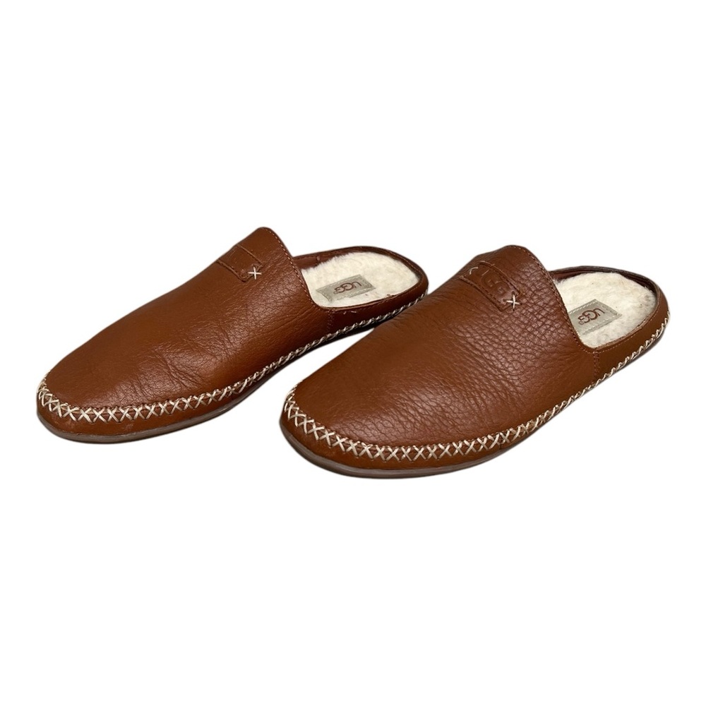 Not for sale.     UGG Tamara Chestnut Leather Slippers. Size 8.
Not for sale
